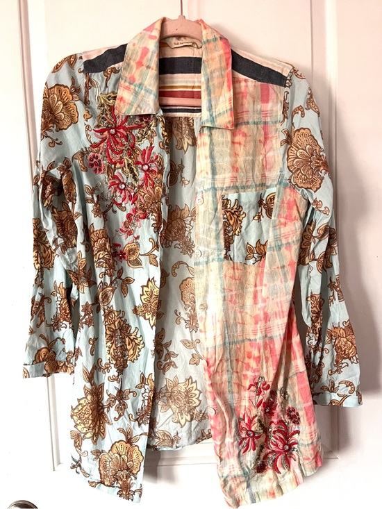 Soft Surroundings Tops - Soft Surroundings Embroidered Pastel Plaid & Stripe Mixed-Print Shirt